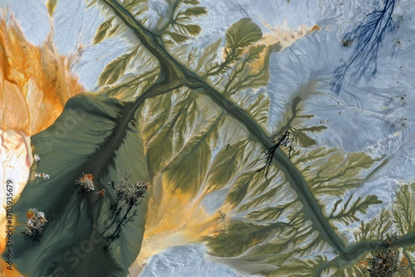 Fototapeta Patterns of acid mine drainage in decanting lake, nature pollution, aerial view