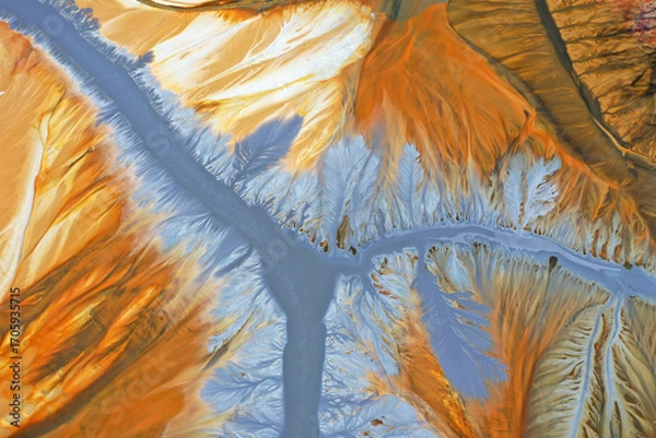 Fototapeta Patterns of acid mine drainage in decanting lake, nature pollution, aerial view