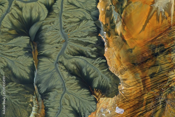 Fototapeta Patterns of acid mine drainage in decanting lake, nature pollution, aerial view