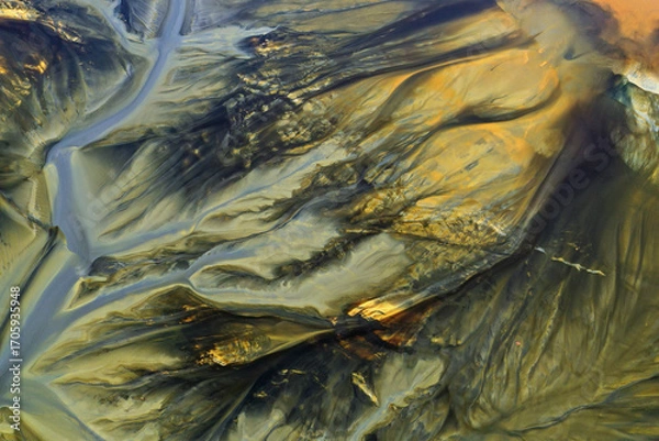Fototapeta Patterns of acid mine drainage in decanting lake, nature pollution, aerial view