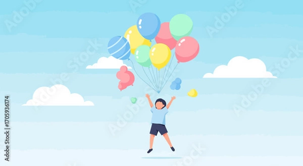 Fototapeta Joyful Child Reaching For Colorful Balloons Against A Bright Sky Background
