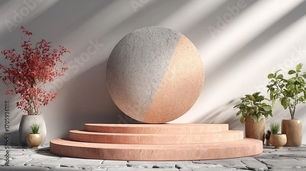 Fototapeta Minimalist stage with plants and geometric shapes ideal for product presentation