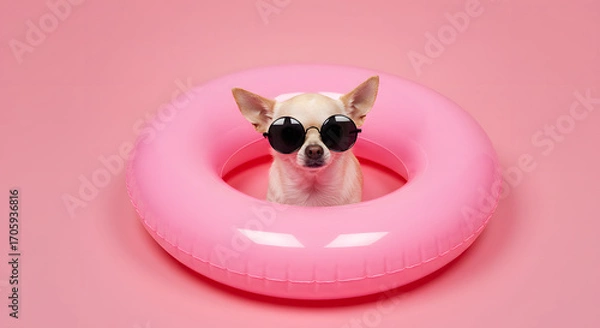 Fototapeta Pink Float Vibes: Chihuahua in Sunglasses – Bold Summer Mood with Whimsical Charm