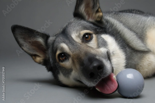 Obraz joyful dog playing with its favorite toy on clean neutral background