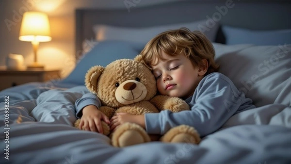Fototapeta Boy hugging teddy bear at night, peaceful expression, cozy atmosphere. Concept of boy hugging teddy bear at night, representing affection and warmth in serene environment.