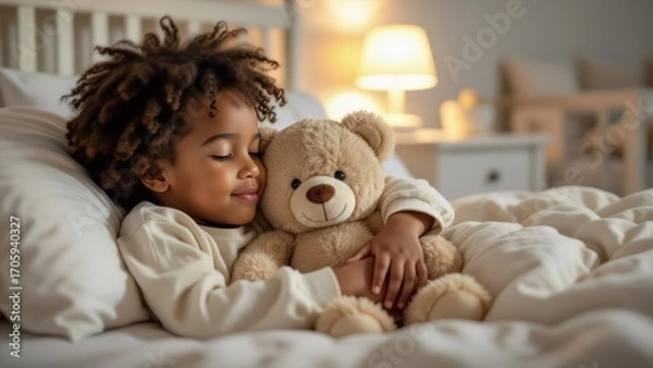 Fototapeta Boy hugging teddy bear at night, cozy atmosphere with soft glow, affection felt in warmth. Concept of boy hugging teddy bear at night, capturing innocence and comfort.