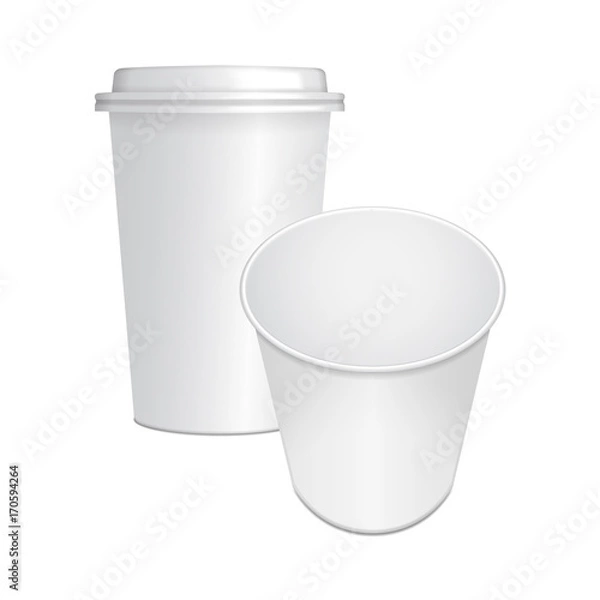 Fototapeta Set of realistic paper Coffee Cup with white cap and opened. 3d mock up vector template
