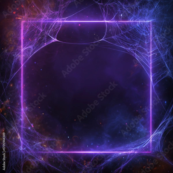 Fototapeta Halloween Neon Frame with Spider Webs on Dark Background