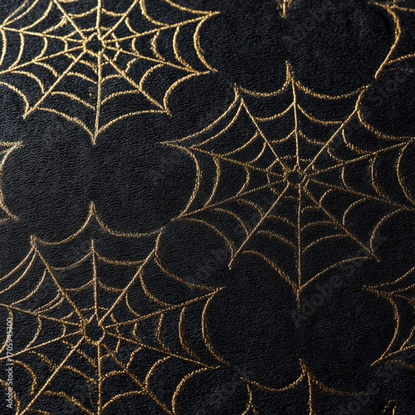 Fototapeta Gold Spider Web Pattern on Black Leather Texture"