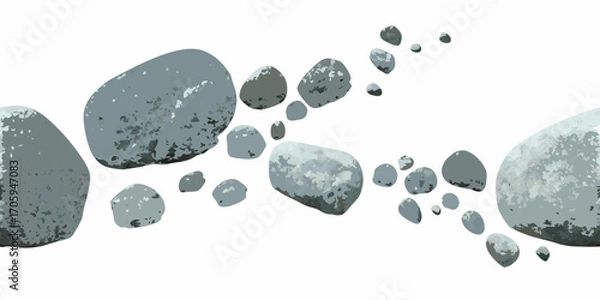 Fototapeta Smooth grey river stones scattered on a white background in a flowing pattern