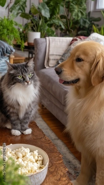 Fototapeta Golden retriever dog looking at gray tabby cat with bowl of popcorn on table