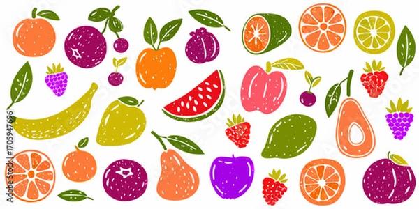 Fototapeta Vibrant hand drawn assortment of fresh fruits and berries scattered on white background