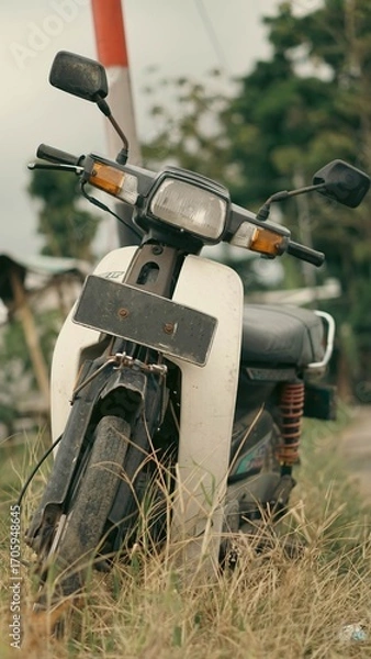 Obraz Front View of Retro Vintage Japanese Cub Motorcycle in Countryside View with Classic Warm Tone Photo
