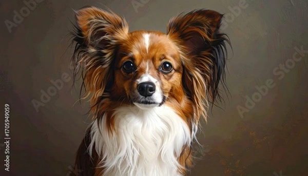 Obraz Dog Portrait with Brown and White Fur Against a Gray Background Cute Animal Face Expressive Eyes Fluffy Ears and Soft Lighting