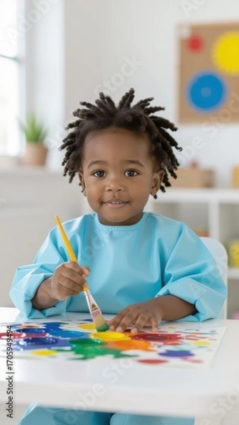 Fototapeta Toddler holding paintbrush, bright smile, focused on colorful abstract painting. Concept of toddler holding paintbrush, artistic expression in playful environment.