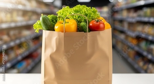Fototapeta Paper bag full of fresh vegetables