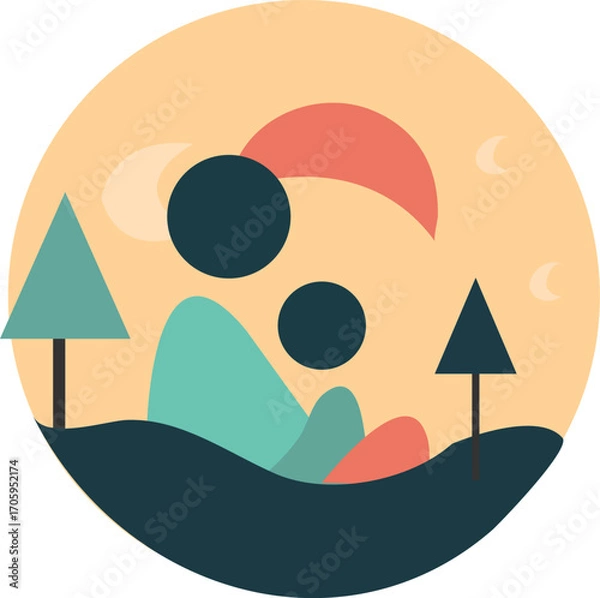 Fototapeta Circle shape mountain , tree and moon