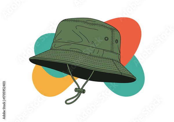 Fototapeta A stylish green bucket hat with a string is showcased against colorful abstract shapes.