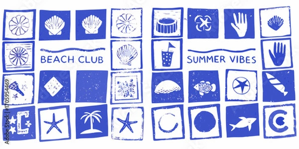 Fototapeta Collection of blue and white summer beach club and vibes icons and symbols