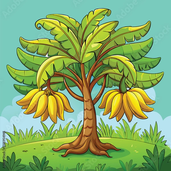 Obraz A Vibrant Banana Tree Cartoon Scene with Lush Greenery and Ripe Yellow Fruit Against a Serene Sky Backdrop