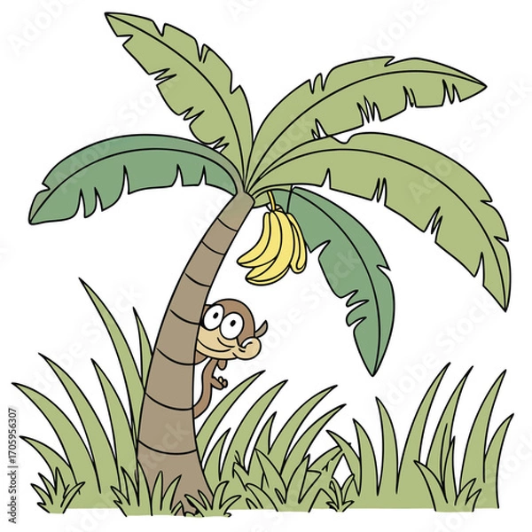 Obraz Cartoon Monkey Peeking from Behind a Palm Tree Surrounded by Tall Grass with a Bunch of Bananas Hanging Above