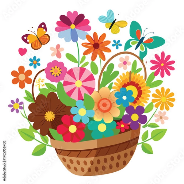 Obraz Colorful Flower Basket Illustration with Butterflies A Cheerful Design Showcasing the Beauty of Nature and the Joy of Spring