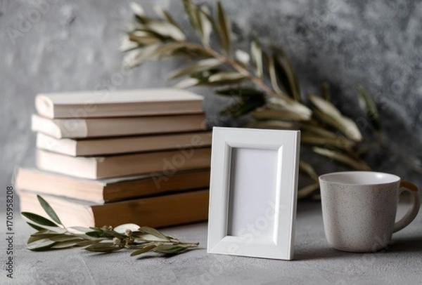 Fototapeta A cozy still life blank frame, stacked books, mug, and olive branch on grey textured surface. Serene, neutral colors and soft light create peaceful ambiance