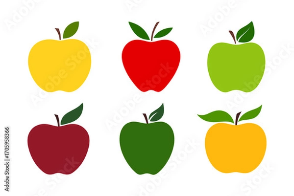 Fototapeta A set of simple bright multicolored apple icons, isolated on a white background, flat design, vector. Silhouette of a fruit with a leaf. Delicious fresh graphic element for design, decorations, covers