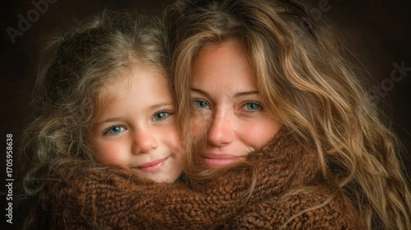 Fototapeta The deep connection of motherhood: a tender moment captured in time. Studio portrait. Whispers of love: soft light and textures enrich a motherly bond. Branding asset. Color background.