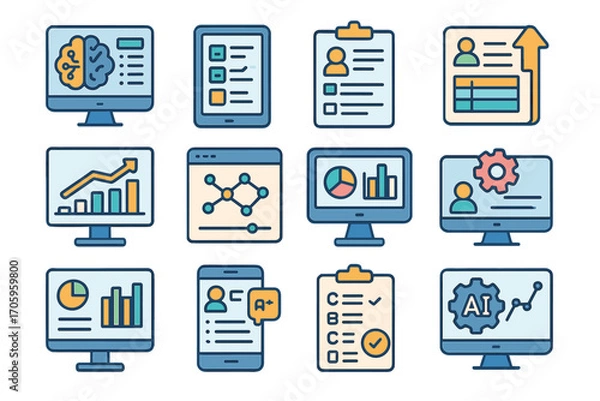 Obraz Technology, data management flat icon set. digital, analytics icons flat style collection