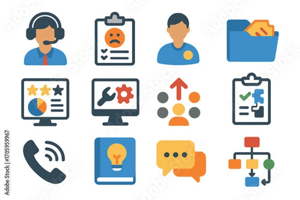 Fototapeta Customer service icon set: flat style for support, communication, and feedback