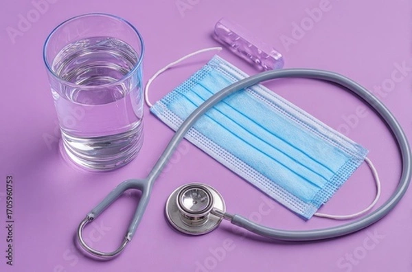 Fototapeta A glass of water, a mask, pills, and a stethoscope lay on a solid purple background. Tools associated with health and wellbeing are portrayed