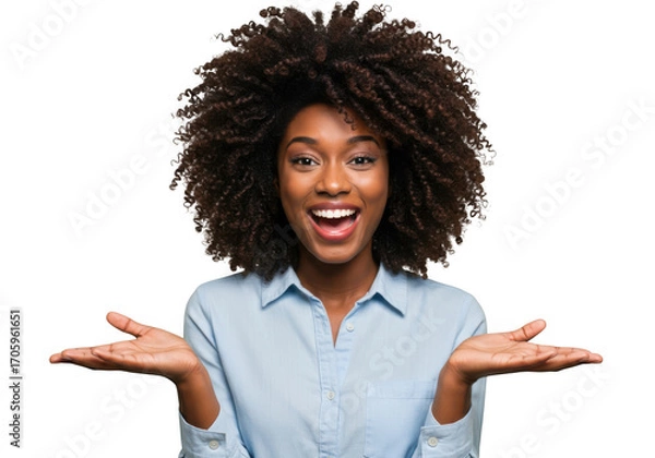 Fototapeta Joyful black woman with a voluminous afro smiling widely and spreading her arms transparent background