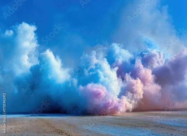 Fototapeta A vibrant cloud of multicolored smoke billows across a sandy surface under a bright blue sky, creating a surreal and dreamy atmosphere