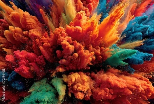 Fototapeta A vibrant explosion of multicolored powder bursts outward, creating a dynamic and abstract cloud of pigments in shades of orange, blue, and green