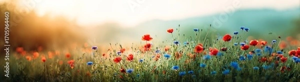 Fototapeta A field of red poppies & blue cornflowers sway in the sunlight, blurred background of green trees and misty hills. Golden hour