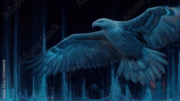 Fototapeta Digital illustration of an eagle soaring through a city with a futuristic effect