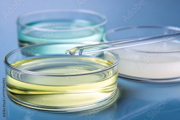 Fototapeta Scientific setup featuring three petri dishes filled with different colored liquids, with a pipette carefully dispensing a drop into the yellow-filled dish