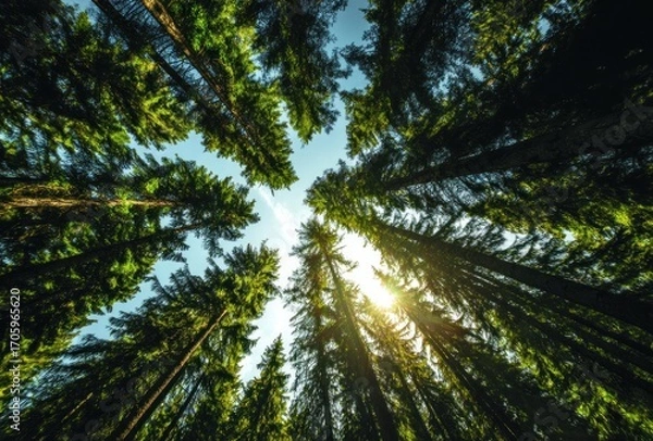Fototapeta Low-angle view of a dense forest with tall trees reaching towards a blue sky with sunlight shining through the foliage, creating a sense of height and nature