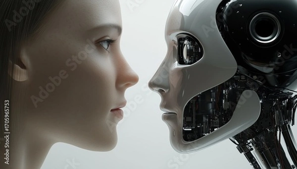 Fototapeta Contrast Between A Robot And A Man: Comparing Machines Vs Humans, Exploring Artificial And Natural Intelligence In Technology.