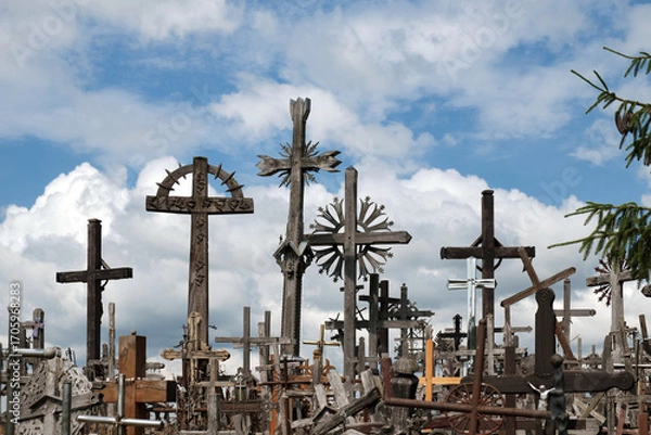Fototapeta  View of holy hill of crosses, place of pilgrimage and worship of Christians around world