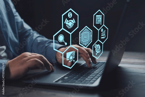 Fototapeta Businessman working on laptop with AI icons hovering above, representing the integration of artificial intelligence in business processes for automation, analysis, and decision making