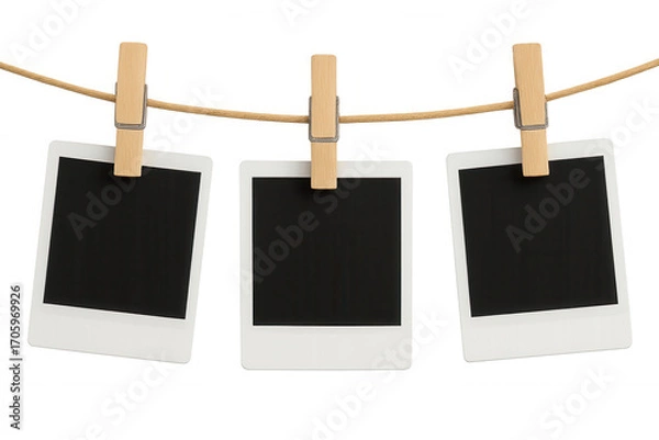 Fototapeta Vintage blank polaroid photographs clipped to string using wooden clothespins, presenting customizable mockup template with transparent background