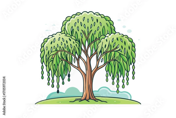Obraz Whimsical Weeping Willow Illustration A Cartoon Style Tree with Graceful Branches and Vibrant Green Leaves on a Hill