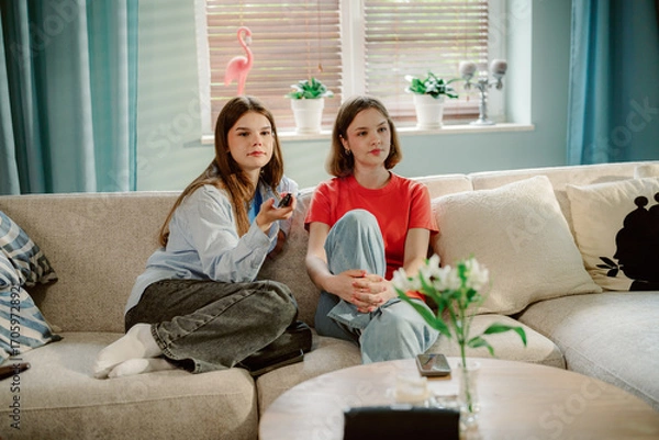 Fototapeta Two young women sit comfortably on a sofa in a bright living room. One holds a remote, while the other looks thoughtfully at the screen. Afternoon light filters through the window.