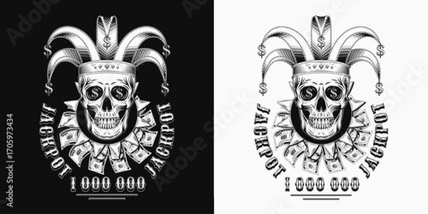 Fototapeta Label with joker skull in jester hat with golden dollar signs, text. Under skull is frill, jabot made with 100 dollar bills and carnival pennants. Concept of luck, win jackpot. Gambling, casino theme