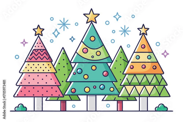 Obraz Festive Christmas Tree Lineup Whimsical Holiday Season Celebration with Colorful Decorations and Sparkling Snowflakes for Joyful Winter Greetings