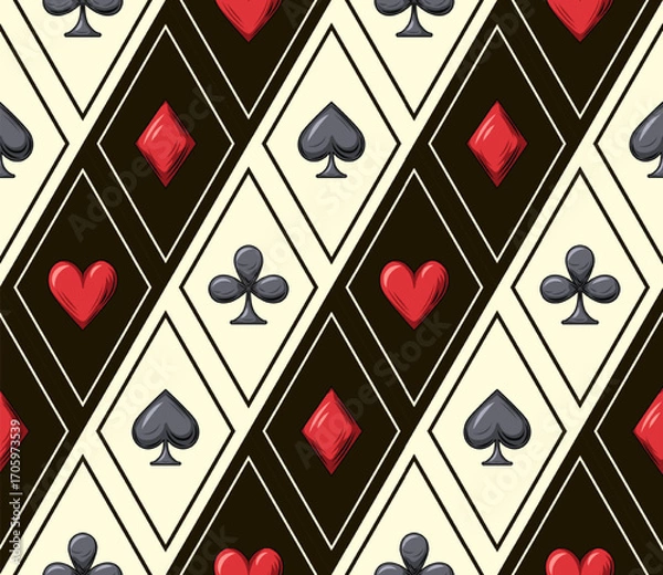 Fototapeta Seamless geometric pattern with card suits icons in rhombus grid. Diagonal arrangement of hearts, clubs, spades, diamonds symbols. Gambling, casino theme.