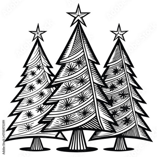 Obraz Monochromatic Trio of Festive Christmas Trees with Star Toppers and Ornate Decorations Celebrating the Joyous Holiday Season
