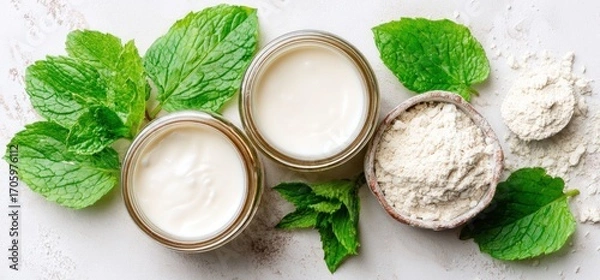 Fototapeta Top-down view reveals two jars of white cream and a bowl of powder next to fresh mint sprigs, set on a textured white surface